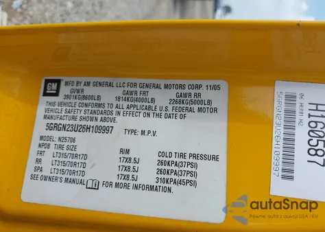 2006 Hummer H2 Suv z USA, uszkodzony, nr VIN 5GRGN23U26H109997